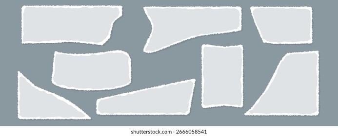 Conjunto de papel rasgado con bordes de textura: hojas rasgadas blancas, notas de chatarra y bordes de grunge para el diseño de collage, Anuncio o póster. Vector