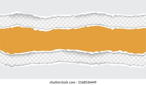 Torn paper. Set of white horizontal ripped paper strips for text or message on squared background realistic vector illustration. White and orange paper