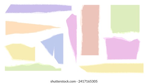 Torn paper shape vector illustration. Set of torn colorful cardboard frames. Collage sticker piece, shred strip, cut yellow, green, blue and orange sheet. Blank of note sheet. Set of headline band.