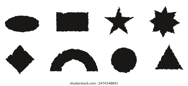 Torn paper shapes with jagged edges vector illustration. Collage black ripped paper sheet with scratches. Grunge frame collection for banner, social media post. Vector illustration isolated on white.