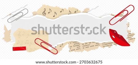 Torn paper, sheet music, paper clips, and bright elements: red lips and markers. Transparent background. Perfect for banners, covers, scrapbooks, posts, and music projects. Versatile