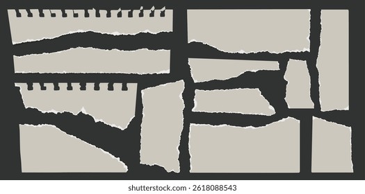 Torn paper sheet. Notebook pages with ripped edges, empty white torn paper pieces for scrapbook moodboard. Templates for memo messages and info board. Vector isolated set.