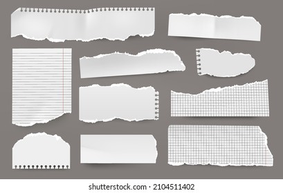 Papierblatt gedreht. Realistische, weiße, klebrige Memoseiten mit abgerundeten Kanten, gerissene Notizblöcke mit ausgekleidetem Layout. Vektorset