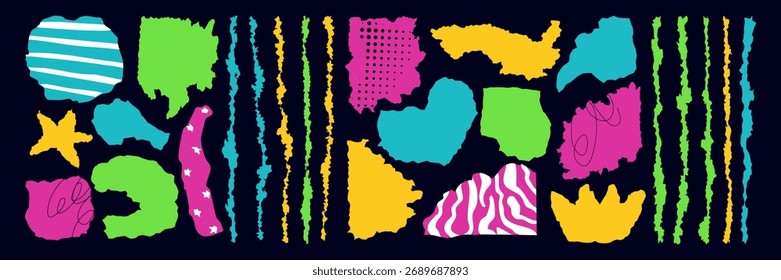 Juego de hojas de papel rotas. Cinta de lágrima colorida, corazón de recorte de pegatina, estrella y Formas geométricas. Cortar Formas en estilo y2k.
