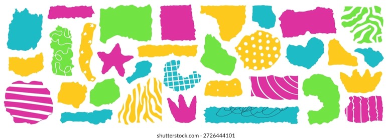 Juego de hojas de papel rotas. Cinta de lágrima colorida, corazón de recorte de pegatina, estrella y Formas geométricas. Cortar Formas en estilo y2k.