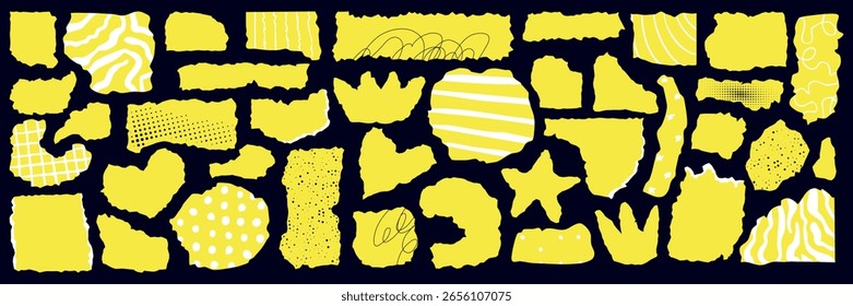 Torn paper sheet set. Yellow tear tape, sticker cutout heart, star, and geometric shapes. Cut shapes in y2k style.