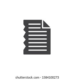 Torn paper sheet vector icon. filled flat sign for mobile concept and web design. Corrupted text file glyph icon. Symbol, logo illustration. Vector graphics