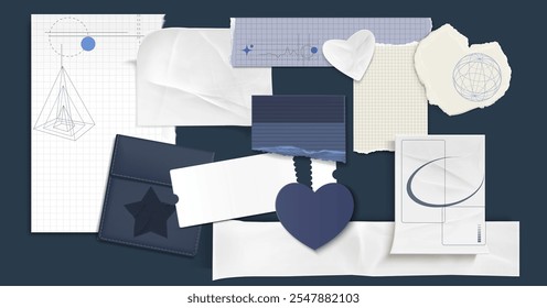 Torn paper sheets with geometric sketches scattered on navy background. Pyramid drawing, white crumpled pieces, grid notepad fragments, star decorated card and heart shaped ornaments for scrapbooking.