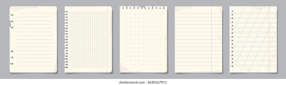 Torn paper sheets from notepad. Checkered or striped pages with texture. Design elements for poster and print. Notepaper for reminders. Realistic vector illustration collection isolated on background
