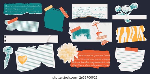 Torn paper sheets from a notepad, old cut stickers, Set of crumpled pages, stickers and notes on textured vintage background.	
Grunge scrapbook with halftone flowers.
