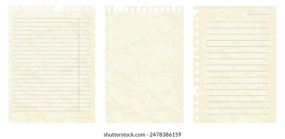 Torn paper sheets from a notepad. Set of torn realistic pages. Collection of sheets with lines and cells. Paper with crumpled texture.
