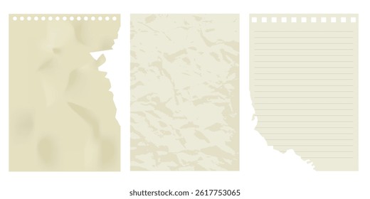 Torn paper sheets from a notepad. Set of torn realistic pages. Collection of sheets with lines and cells.