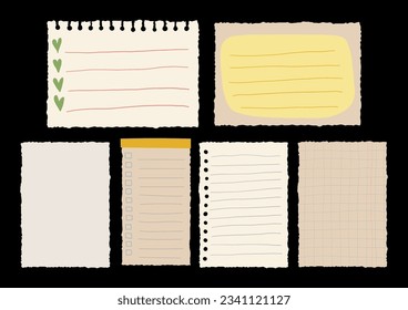Torn Paper Sheets Notes Collection. Hand Drawn Stickers for Planner, Scrapbook, Diary, Schedule. Cute elements in Retro Style. Sketch Drawing Papers Elements. Vector Cartoon Isolated Illustration