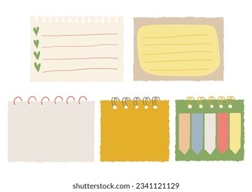 Torn Paper Sheets Notes Collection. Hand Drawn Stickers for Planner, Scrapbook, Diary, Schedule. Cute elements in Retro Style. Sketch Drawing Papers Elements. Vector Cartoon Isolated Illustration
