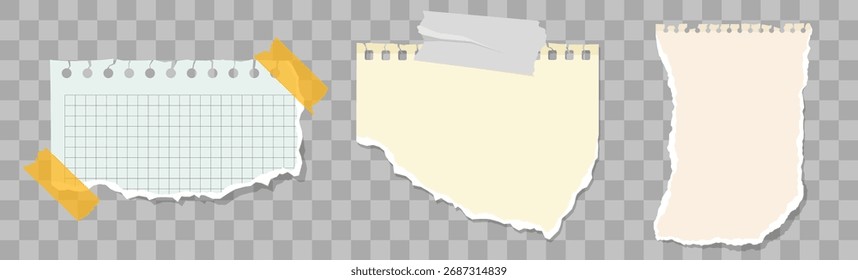 Torn paper sheets for notes, text, sticky sheets with tape. Set of office notepads and information boards concept Template for note message on notebook page, torn paper piece Vector square lined paper