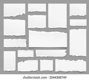 Torn paper sheets. Ripped papers strips, isolated piece note sheet with rip edge. Scrapbooking elements, grey empty notepad pages exact vector set