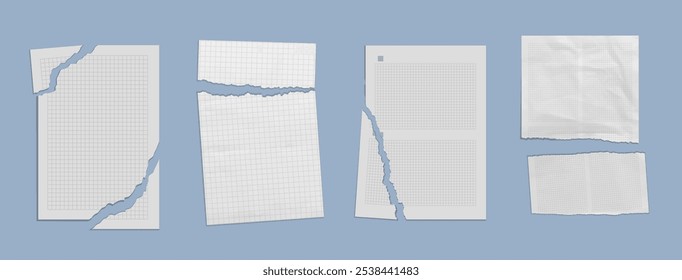 Folhas de papel rasgadas colocadas isoladas no plano de fundo. Ilustração em branco realista de vetor amassado páginas de notebook com bordas irregulares, pedaço de documento ou carta enrugado danificado, modelo de papel de carta usado