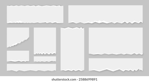 Torn paper sheets set. Ripped notes paper strips. White torn edge page  template. Vector illustration.