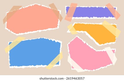 Torn Paper Sheets set with Scotch Tape. Contemporary Art Collage Colorful Sheets. Ripped paper strips set. 