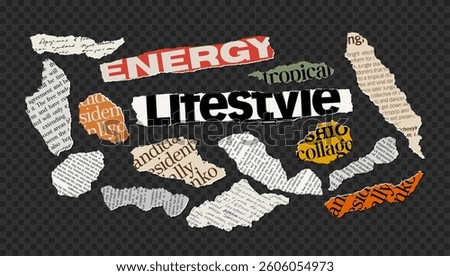 Torn Paper Sheets with Words, Ripped Newspaper Text, Handwritten rip notepaper, Magazine Scrapbook Fashion, Retro Gazette. Trendy Collage Vector Set, Vintage Modern Isolated Stickers