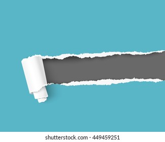 Torn paper with space for your message, realistic vector illustration. Paper frame for text. Blue torn paper over dark background