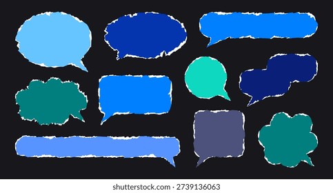 Torn paper speech bubbles. Balloon shapes ripped paper sheets with scrap edge, thought message cloud cracked paper pieces flat vector illustration set. Damaged paper speech bubble shapes