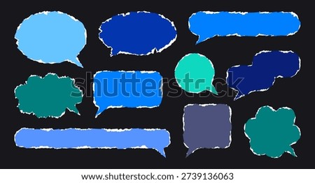Torn paper speech bubbles. Balloon shapes ripped paper sheets with scrap edge, thought message cloud cracked paper pieces flat vector illustration set. Damaged paper speech bubble shapes
