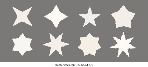  Torn paper stars set. Collection of ripped star-shaped elements with rough edges. Paper bling and diamond shapes pack for poster, banner, collage, note, text box, sticker. Vector illustration bundle