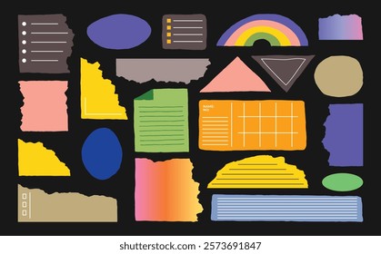 Torn paper sticker collection. Colorful abstract shapes ripped notepaper labels.