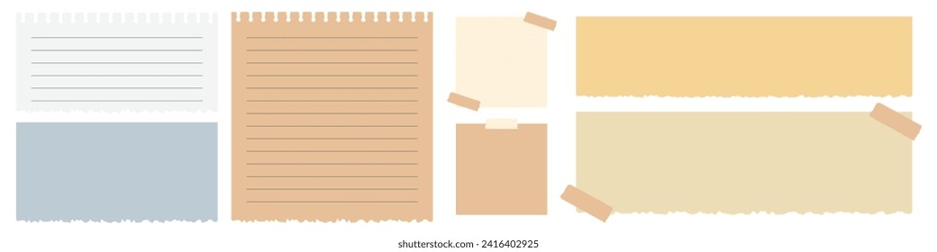 Torn paper sticky note collection. Post it note paper sheet set. Realistic sticky notes with adhesive tape. Old Notebook paper sheet vector.