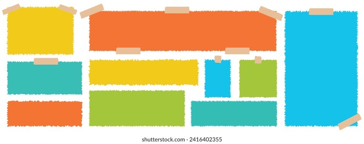 Torn paper sticky note set. Multicolor post it notes sheet vector collection. Realistic sticky notes with adhesive tape.