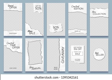 Torn paper stories template. Paper scraps social media story posts branding, minimal trends photo frames templates layout vector set