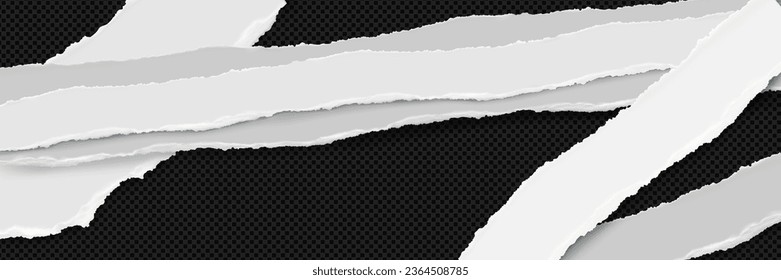 Borde de tira de papel desgarrado, vectores de pieza de página blanca desgarrada. Textura de hoja diagonal de lágrima. Nota plantilla de etiqueta de borde rota, tela de periódico rota en gris. Romper el diseño horizontal de la anotación