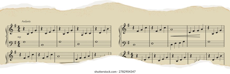 Torn paper strip with rough edge and scattered musical note, clef, and staff fragment in worn vintage texture. Symbol of nostalgia, and retro mood with copy space. Cartoon vector illustration.