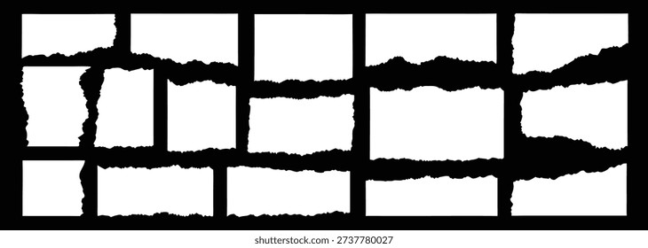 Torn paper strip set with rough ripped edges in horizontal layouts. Grunge white paper fragments for collage, posters, or scrapbook design. Distressed tear elements collection isolated.