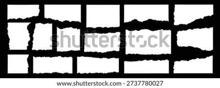 Torn paper strip set with rough ripped edges in horizontal layouts. Grunge white paper fragments for collage, posters, or scrapbook design. Distressed tear elements collection isolated.