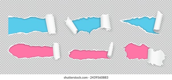 Tiras de papel rasgado y agujeros de color conjunto de ilustración vectorial. Maqueta de páginas de cuadernos dañadas objetos 3d en la colección de fondo transparente