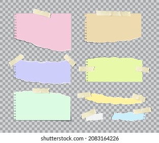 Torn paper strips of different colors and shapes with sticky adhesive tape set vector illustration. Sheet pieces of notepaper, label design elements collection isolated on transparent background