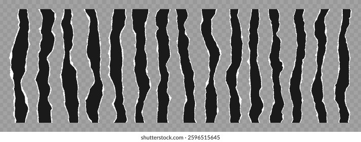 Torn paper strips edge. Set of realistic torn thin strip with edges of paper of different shapes and sizes. Ripped strips at transparent background. Vector illustration.