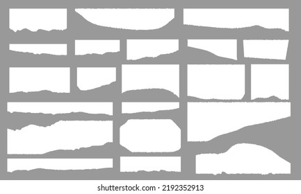 Torn paper strips isolated on gray background. Realistic torn paper with torn edges. Sticky notes, scraps of notebook pages. Vector illustration.