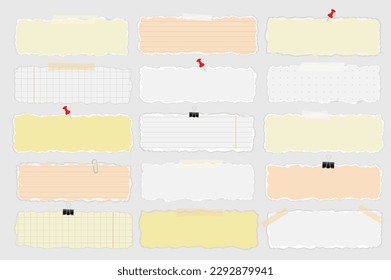 El papel despedazado tira los elementos mega-set en diseño plano. Conjunto de trozos de aristas despojadas fragmentos de papeles de papel con papel adhesivo con cintas, pines y otros. Ilustración vectorial de objetos gráficos aislados