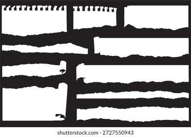 Torn Paper Strips and Ripped Notebook Pages on Black Background