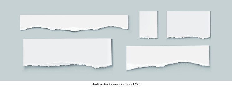 Torn paper strips set isolated on background. Vector realistic illustration of ripped white sheet edges, blank reminder notice layout, pieces of used notebook page, waste material for recycling