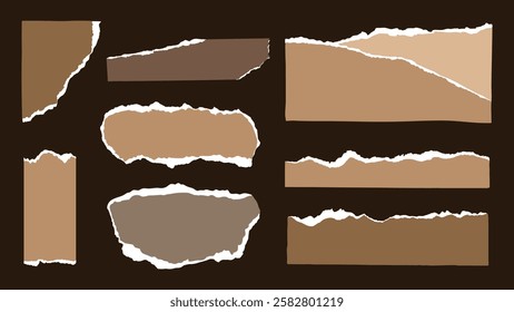 Torn paper strips in various shades of brown on a dark background. Torn edges, brown paper, and textured strips create a layered, rustic look. Brown element vector set.