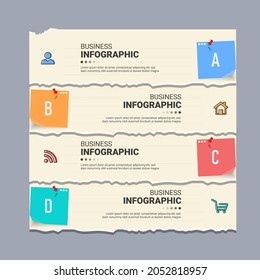 Infografía de estilo de papel rota con 4 pasos. Vector de plantilla de banner moderno. 