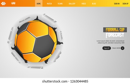 Torn paper style landing page design for soccer tournament with football illustration on gray background.
