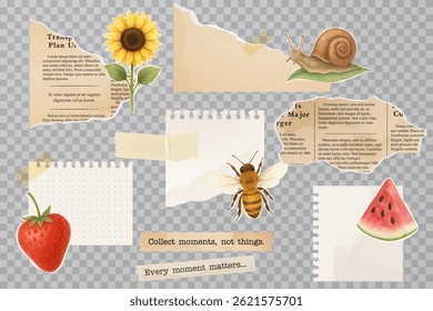 Torn paper and summer elements collage on transparent background