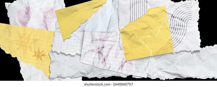 Torn paper textures with funky yellow sticky notes and lined notebook sheets - abstract collage materials with doodles, wrinkled edges and grunge elements for creative journaling and mixed media.