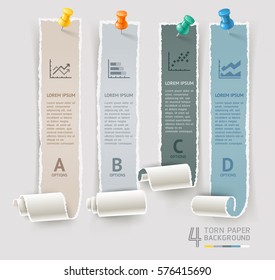 Torn paper and thumbtack infographics template. Vector illustration. Can be used for workflow layout, diagram, number options, step up options, banner, web design.
