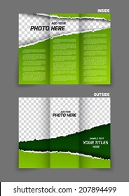 Torn paper tri-fold design brochure in green color